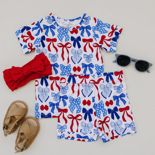 4th of July Bamboo Shorts Set | Red-White & Bows