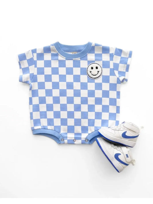 Short Sleeve Bubble Romper | Checkered Smiley Blue
