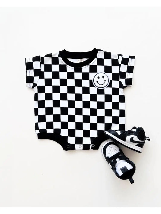 Short Sleeve Bubble Romper | Checkered Smiley Black