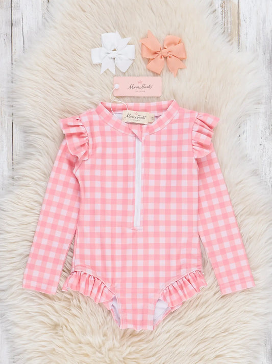 Pink Gingham Rash Guard Swimsuit