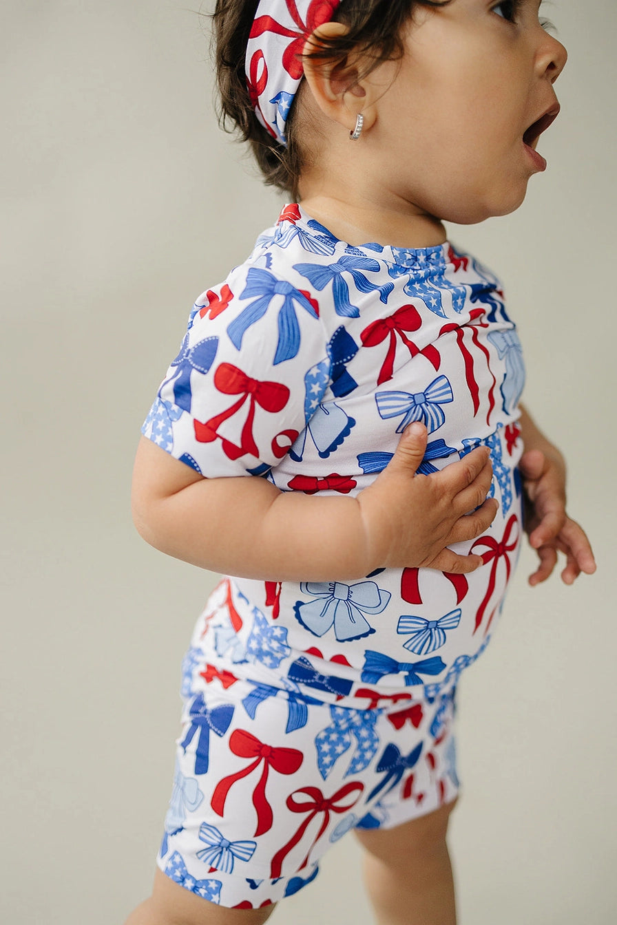 4th of July Bamboo Shorts Set | Red-White & Bows
