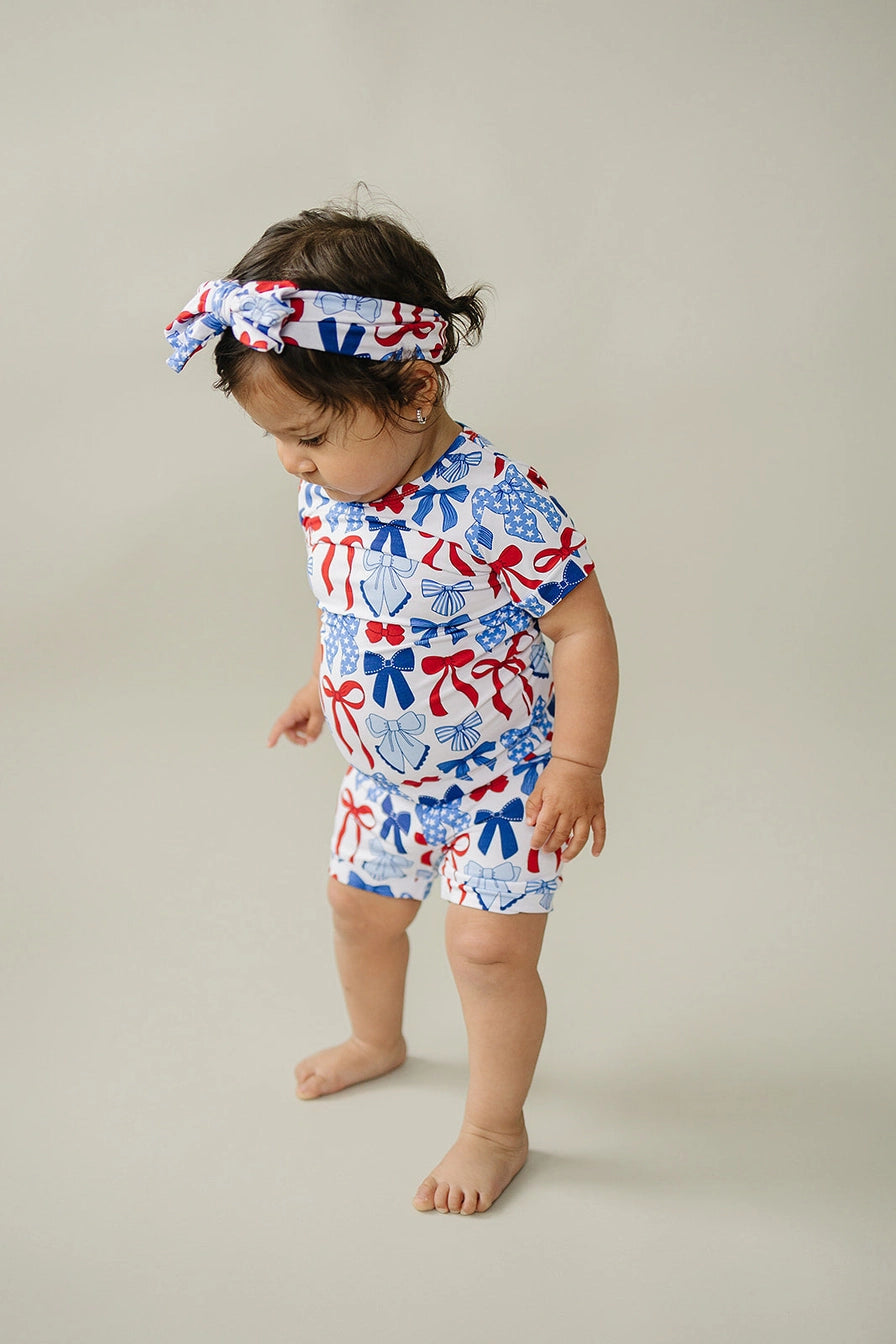 4th of July Bamboo Shorts Set | Red-White & Bows